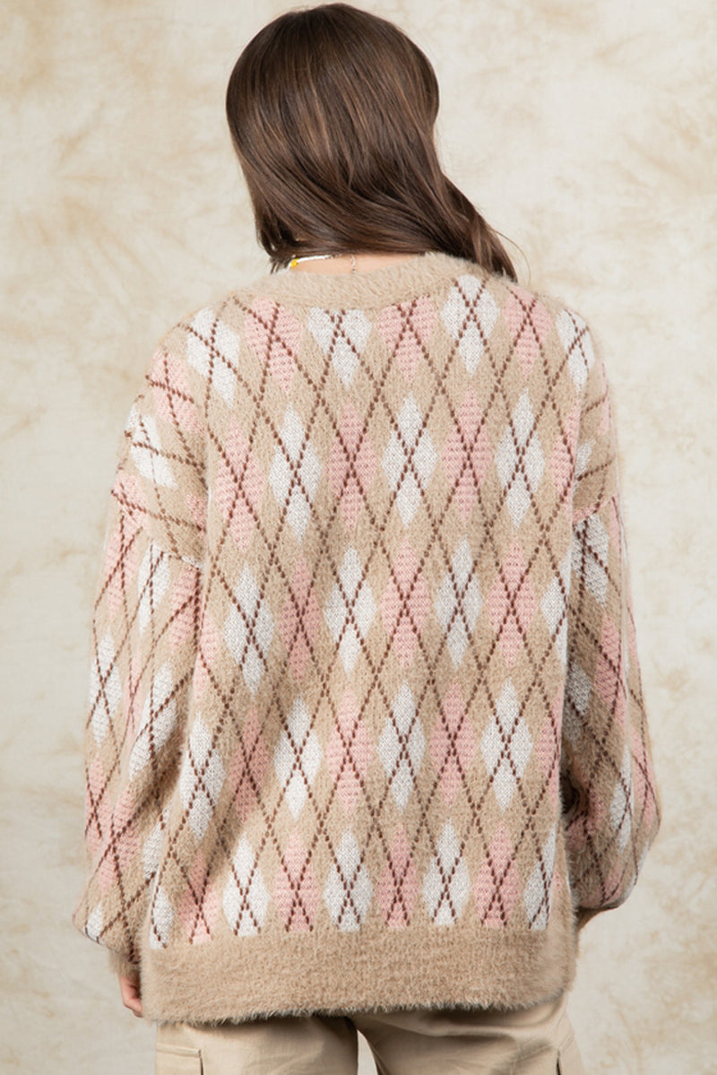 Multicolour Rhombus Pattern Knit Sweater Cardigan