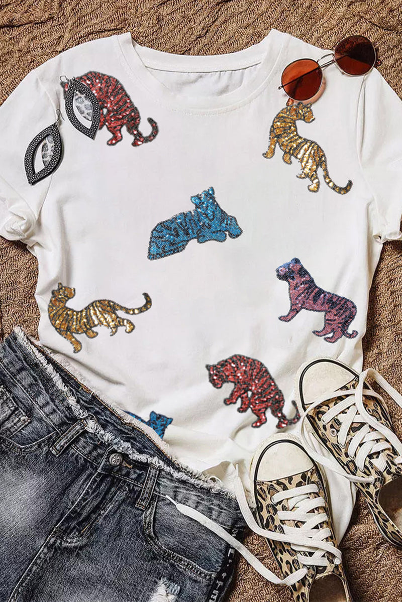 White Shiny Tiger Patch Graphic Summer T-shirt