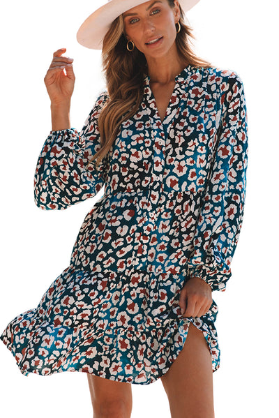 Blue Leopard Print Bubble Sleeve Ruffled Shirt Dress