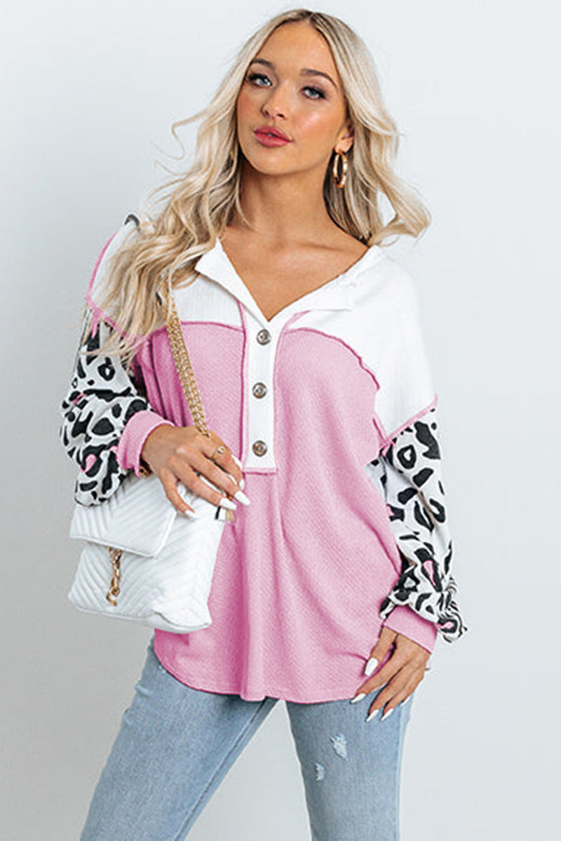 Leopard Sleeve Patchwork Waffle Knit Top