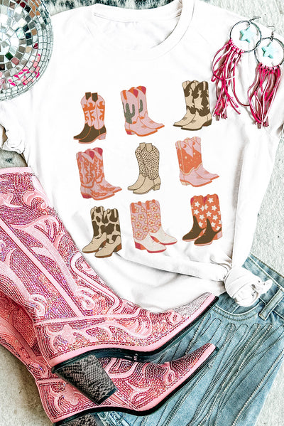 White Western Cowboy Boots Print Round Neck T Shirt