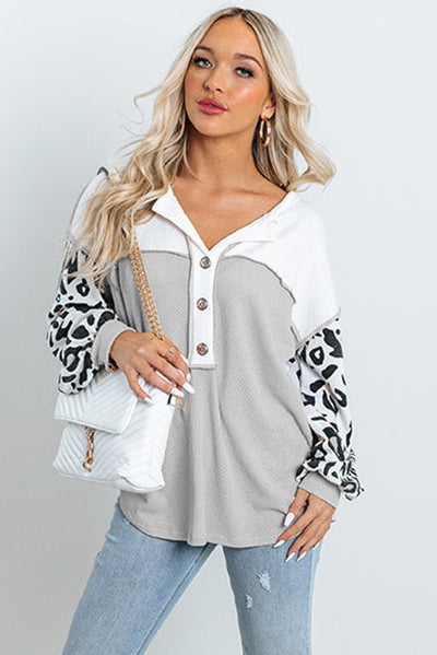 Leopard Sleeve Patchwork Waffle Knit Top