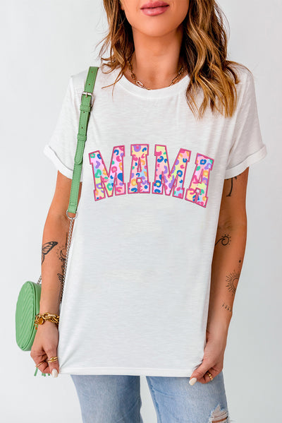 White MAMA Leopard Embroidered Crew Neck Graphic Tee