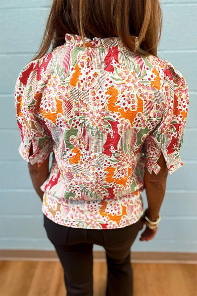 Pink Floral Print Button Frilled Short Sleeve Blouse