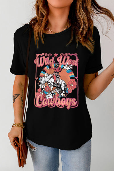 Black Wild West Cowboys Floral Horse Graphic T Shirt