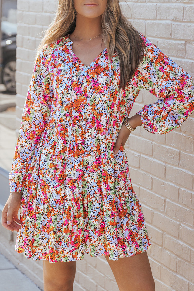 Multicolor Floral Neck Tie Long Sleeve Flared Dress