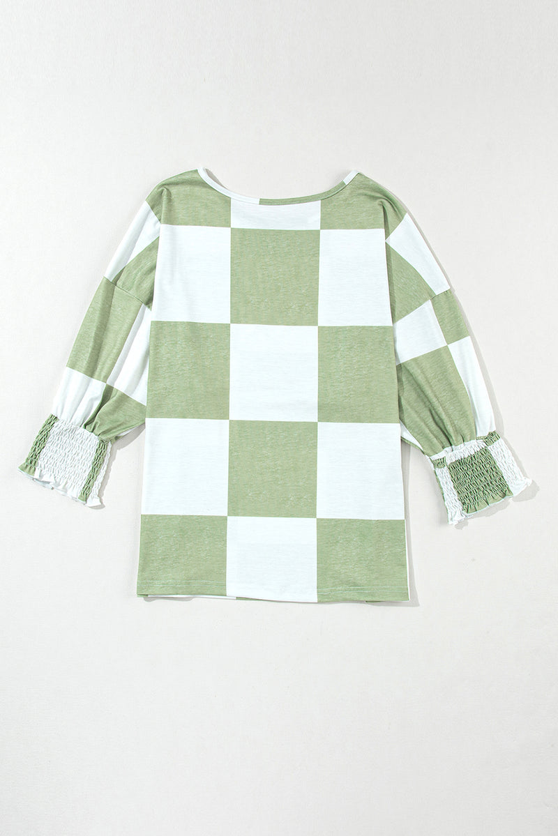 Grass Green Mix Checkered Print Shirred Cuffs Blouse