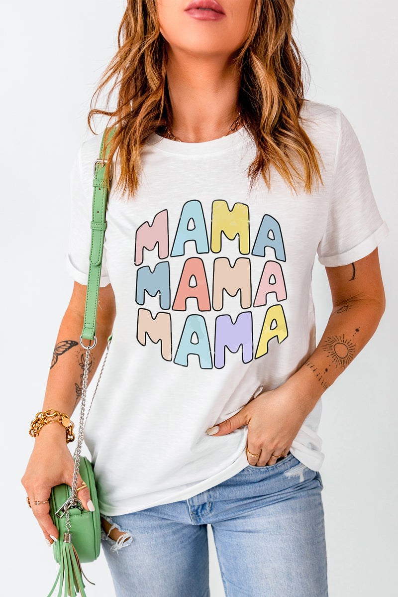 White MAMA Slogan Print Crew Neck Casual T Shirt