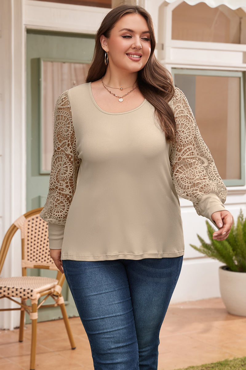 Parchment Plus Hollowed Lace Sleeve Square Neck Ribbed Top