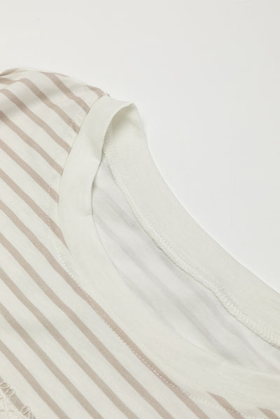 Light Grey Striped Lace Splicing Ruffle Sleeve T-shirt