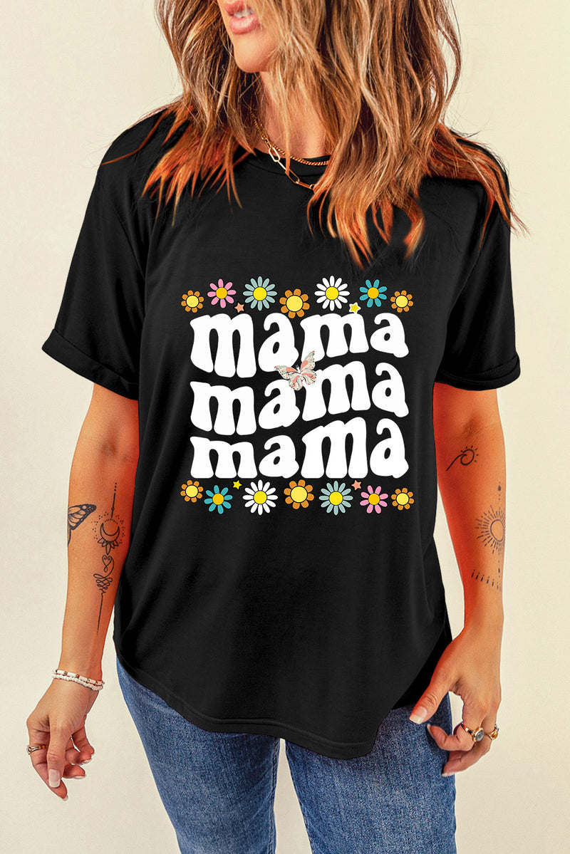 Black Floral mama Butterfly Graphic T Shirt