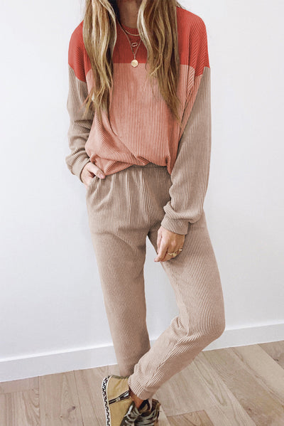 Corded 2pcs Colorblock Pullover and Pants Outfit