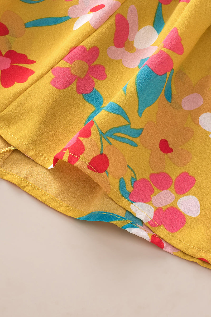 Yellow Plus Size Ruffle Trim Tie Neck Floral Peplum Tank Top