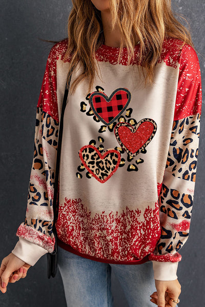 Red Leopard Heart Shaped Bleached Print Pullover Sweatshirt