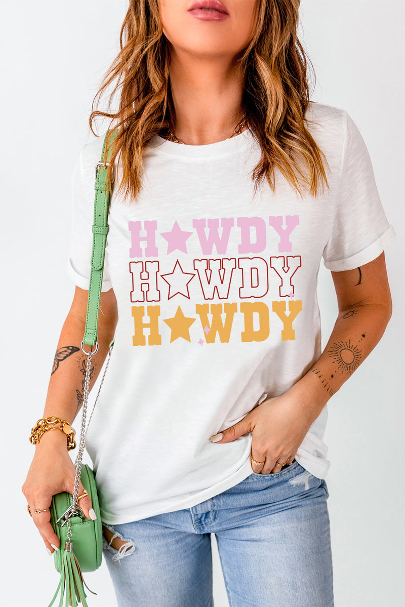 White HOWDY Star Shape Print Crew Neck T Shirt