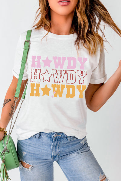 White HOWDY Star Shape Print Crew Neck T Shirt