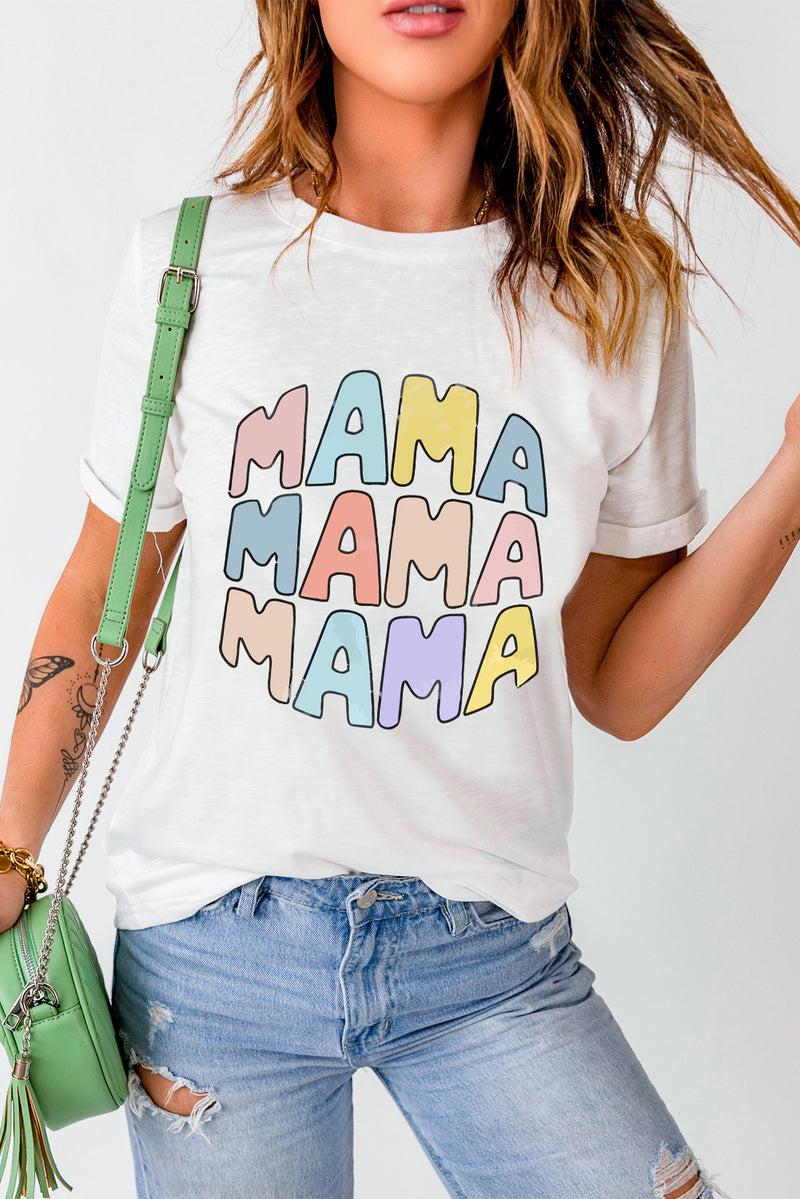 White MAMA Slogan Print Crew Neck Casual T Shirt