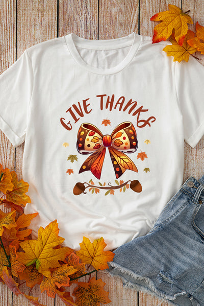 White GIVE THANKS Bowknot Graphic Cuffed Sleeve T Shirt