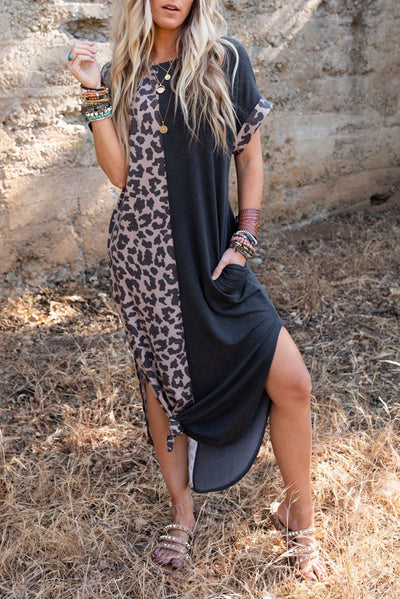 Solid Leopard Short Sleeve T-shirt Dress with Slits