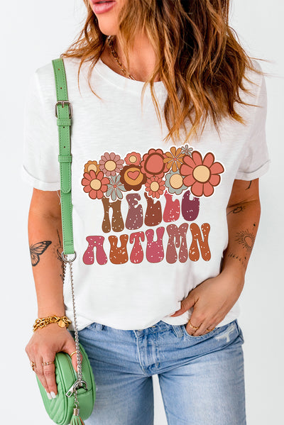 White Floral HELLO AUTUMN Printed Crewneck T Shirt