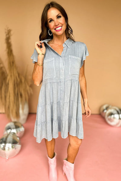 Mineral Washed Ruffle Sleeve Tiered Chambray Dress