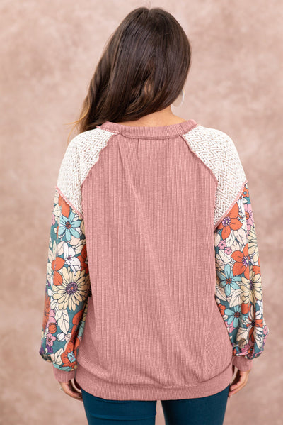 Brown Floral Patchwork Puff Sleeve Textured Blouse