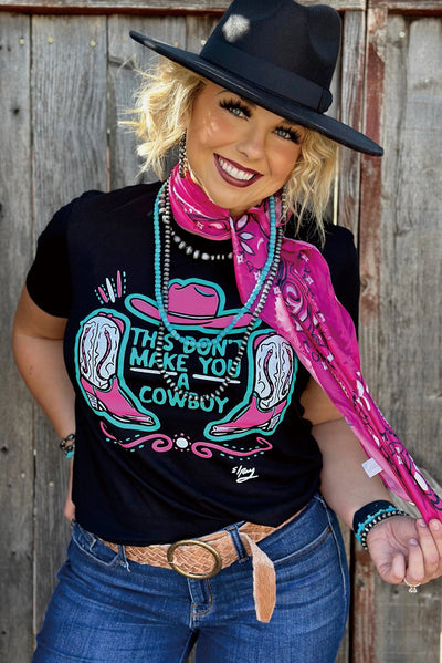 Black Western Hat and Boots Slogan Print Crew Neck T Shirt