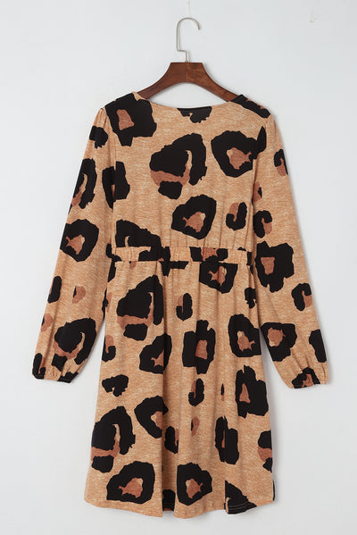 Leopard Print Button Front Bubble Sleeve Loose Knit Dress