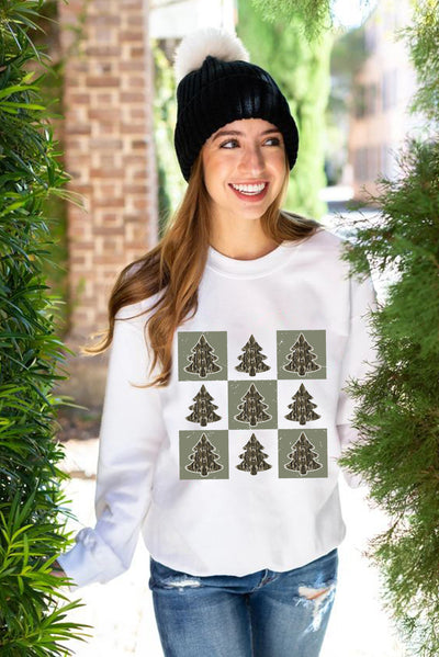 Beige Christmas Tree Checker Print Drop Shoulder Sweatshirt