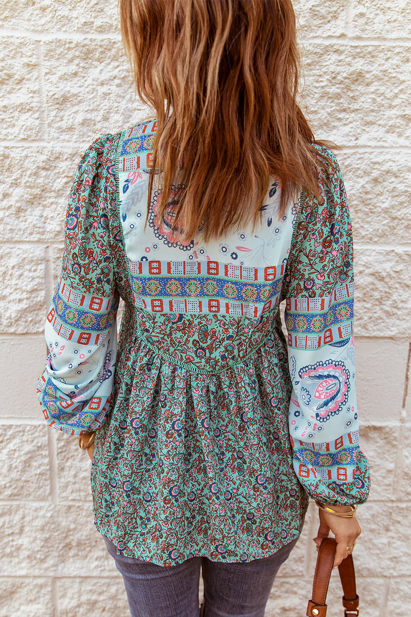 Fiery Red Split Neck Bubble Sleeve Floral Patchwork Blouse