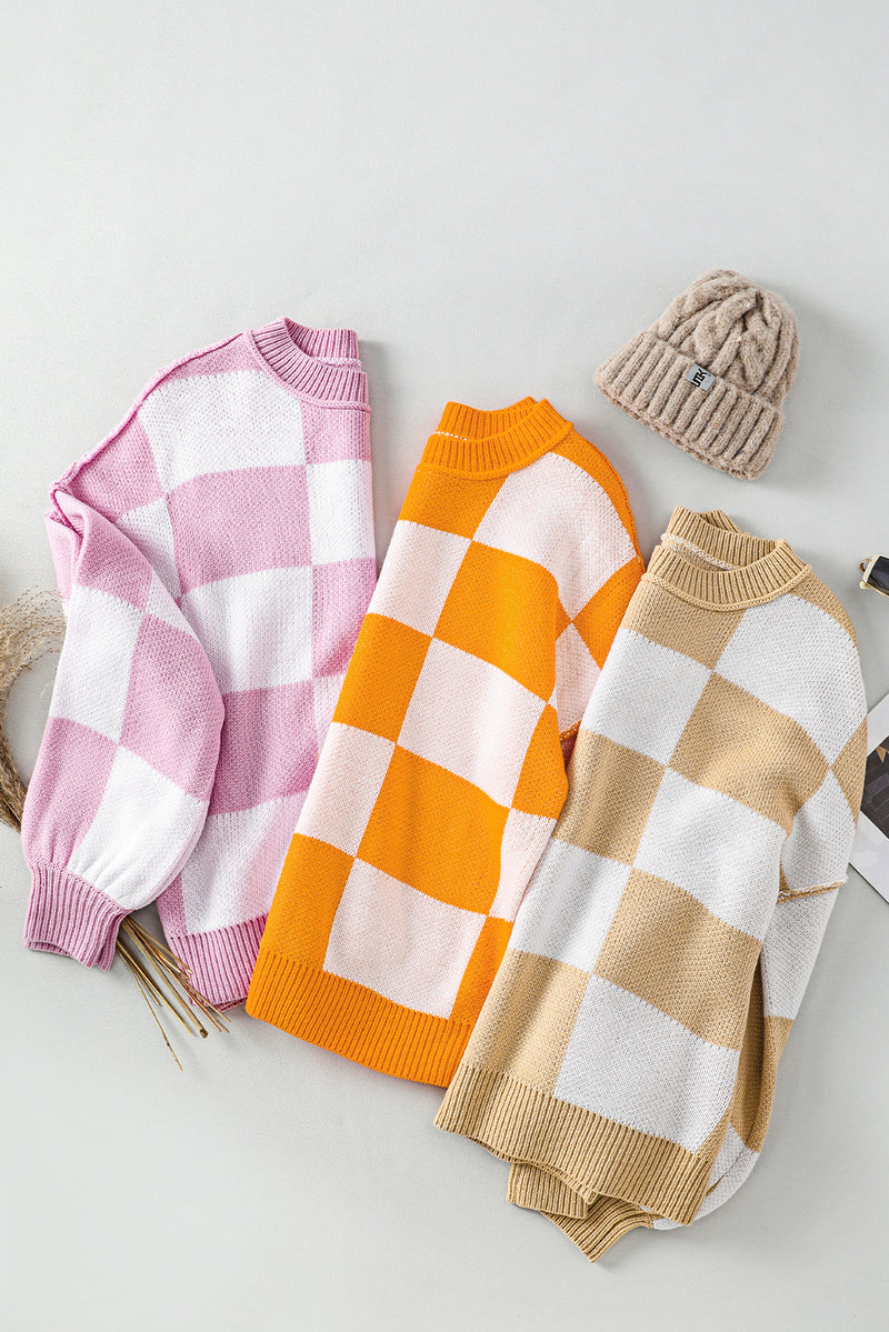 Rose Stripe Checkered Bishop Sleeve Sweater