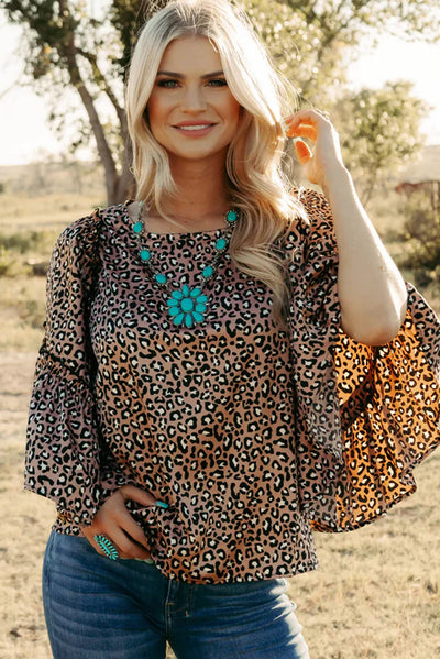 Chestnut Leopard Print Ruffle Wide Sleeve Blouse