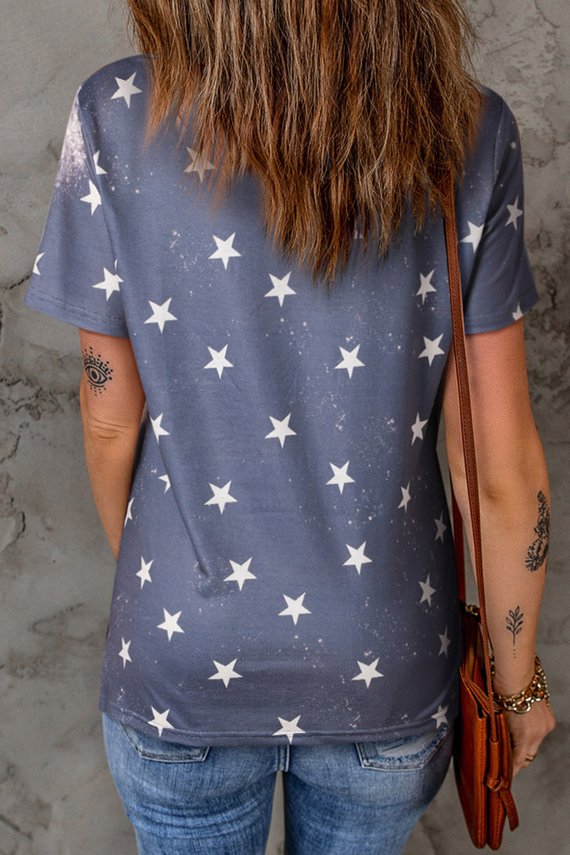 Blue Tie Dye Stripes and Stars USA Print T Shirt