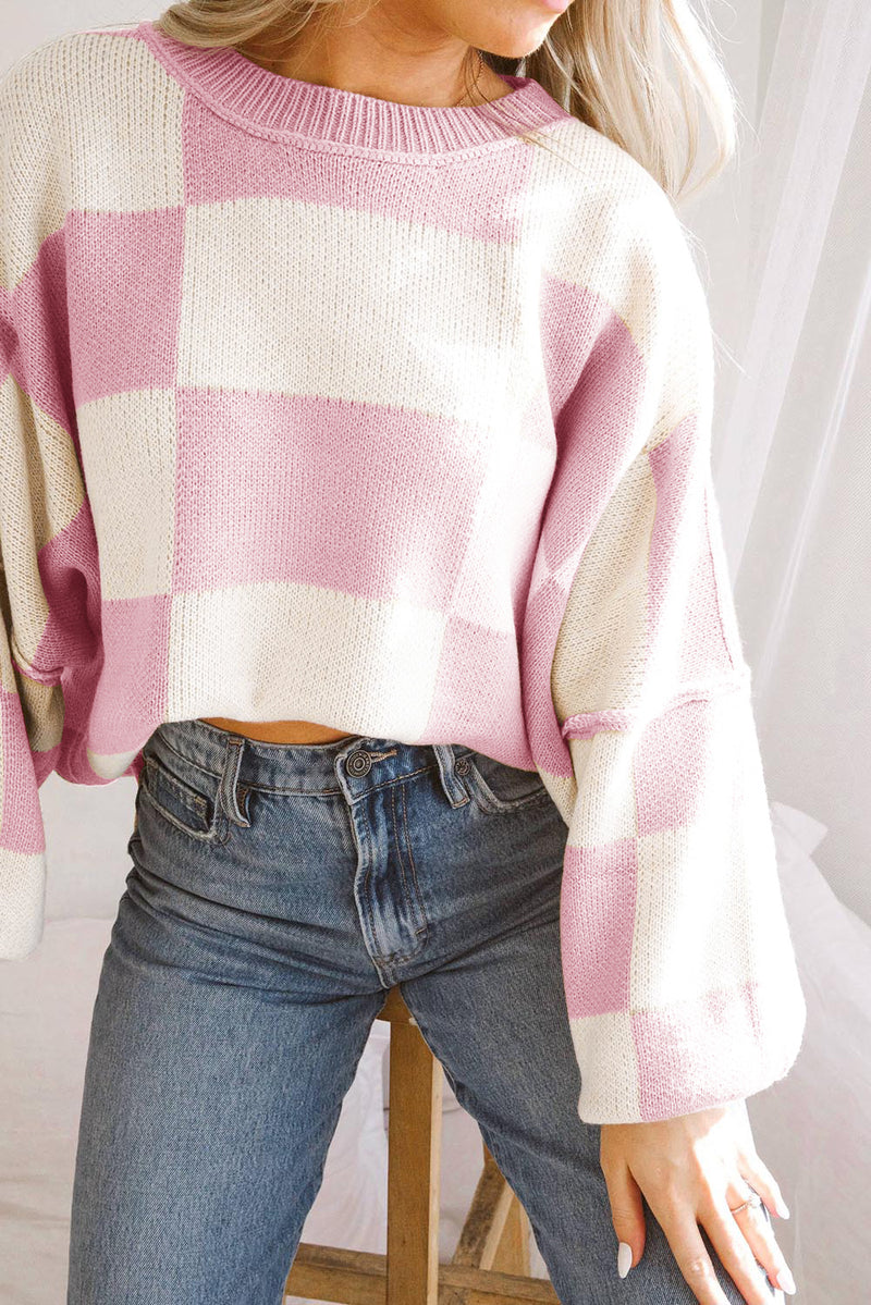 Rose Stripe Checkered Bishop Sleeve Sweater