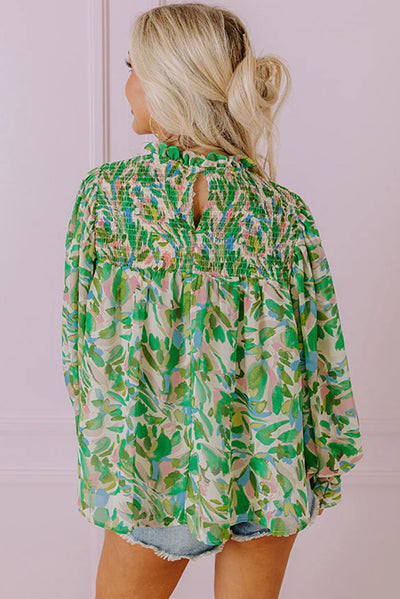 Green Leafy Printed Flounce Sleeve Shirred Mock Neck Blouse