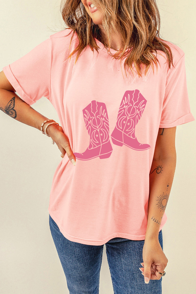 Pink Western Cowboy Boots Print Round Neck T Shirt