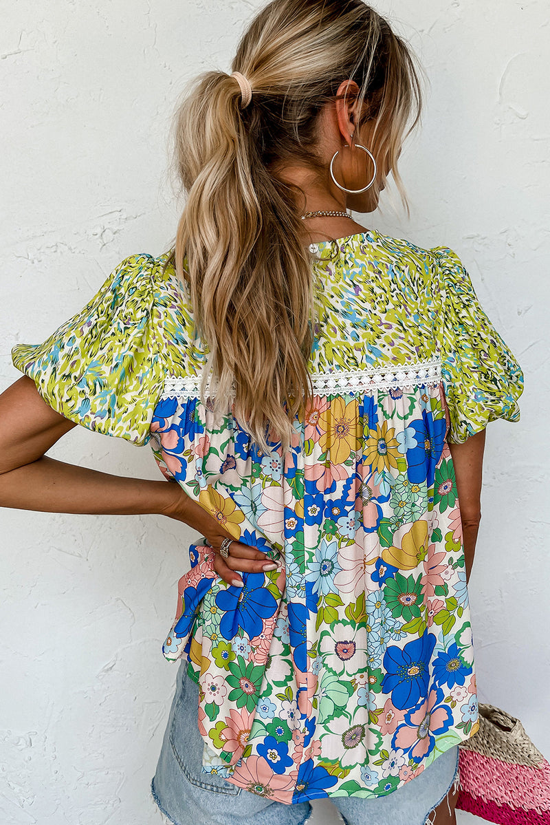 Rose Red Bubble Sleeve Lace Trim Floral Mixed Print Blouse