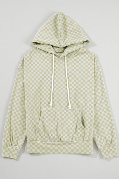 Khaki Checkered Print Kangaroo Pocket Drawstring Hoodie