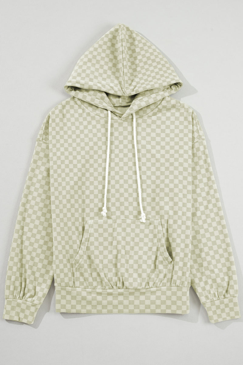 Khaki Checkered Print Kangaroo Pocket Drawstring Hoodie