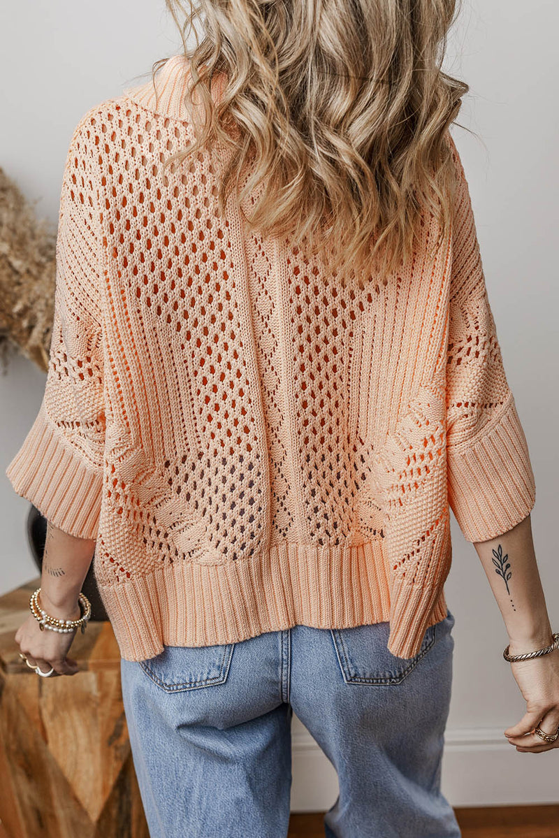 Apricot Pink Hollowed Knit 3/4 Dolman Sleeve Buttoned Collared Sweater