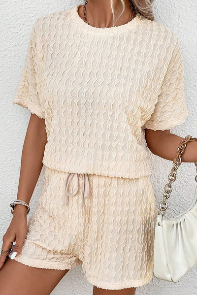 Beige Frill Textured Short Sleeve Top and Drawstring Shorts Set