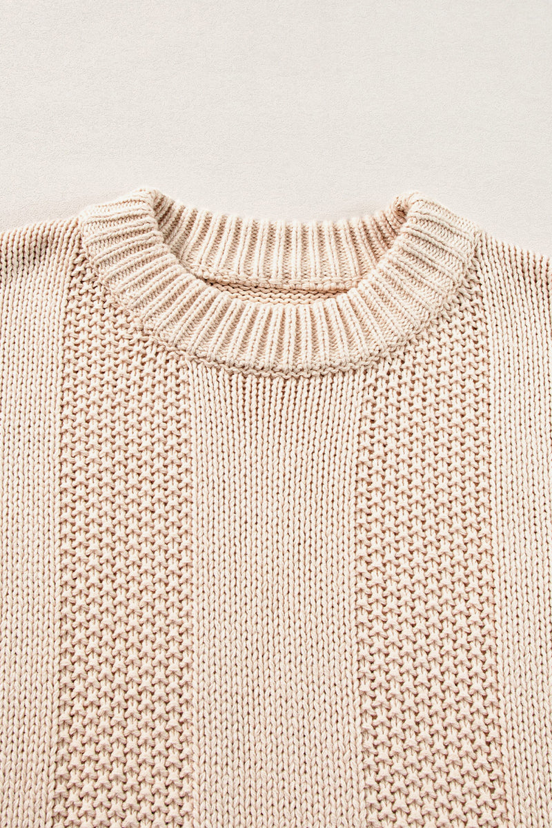 Pale Khaki Solid Color Cable Knit Ribbed Loose Sweater