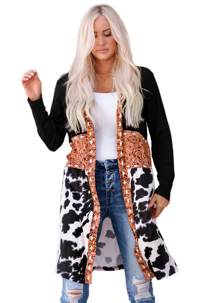 Western Pattern Cow Patchwork Open Front Cardigan