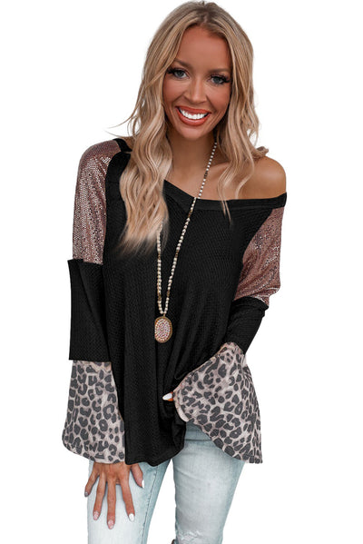 Sequin Patchwork Bell Sleeve V Neck Tunic Top