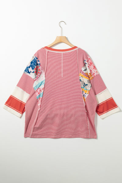 Pink Printed Pinstriped Color Block Patchwork Oversized Top