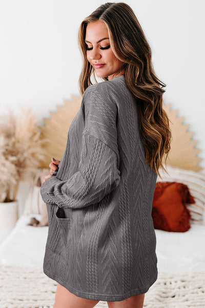 Solid Textured Open Front Cardigan with Pocket