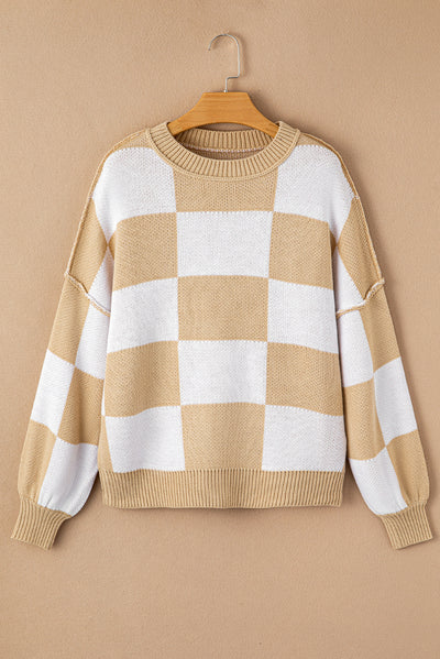 Rose Stripe Checkered Bishop Sleeve Sweater