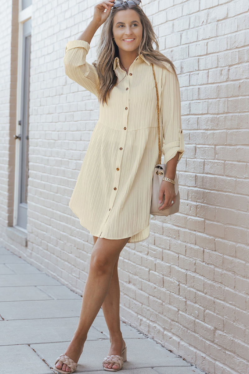 Apricot Textured Roll-Up Sleeve Button Front Dress