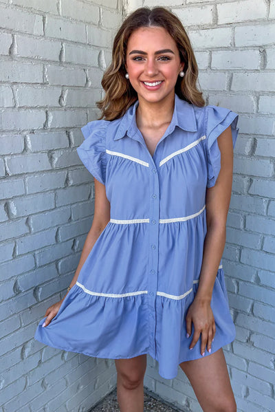 Sky Blue Lace Trim Accent Ruffled Tiered Dress