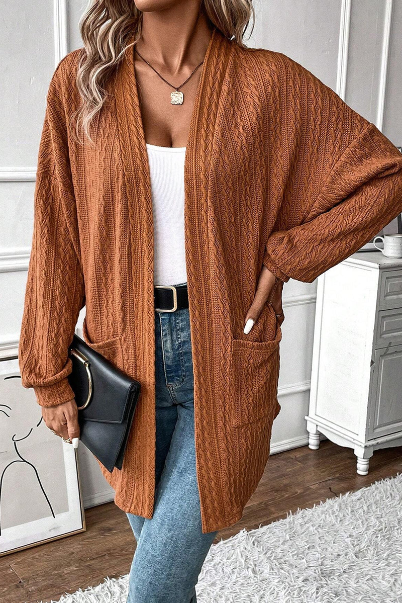 Textured Knit Side Pockets Open Front Cardigan